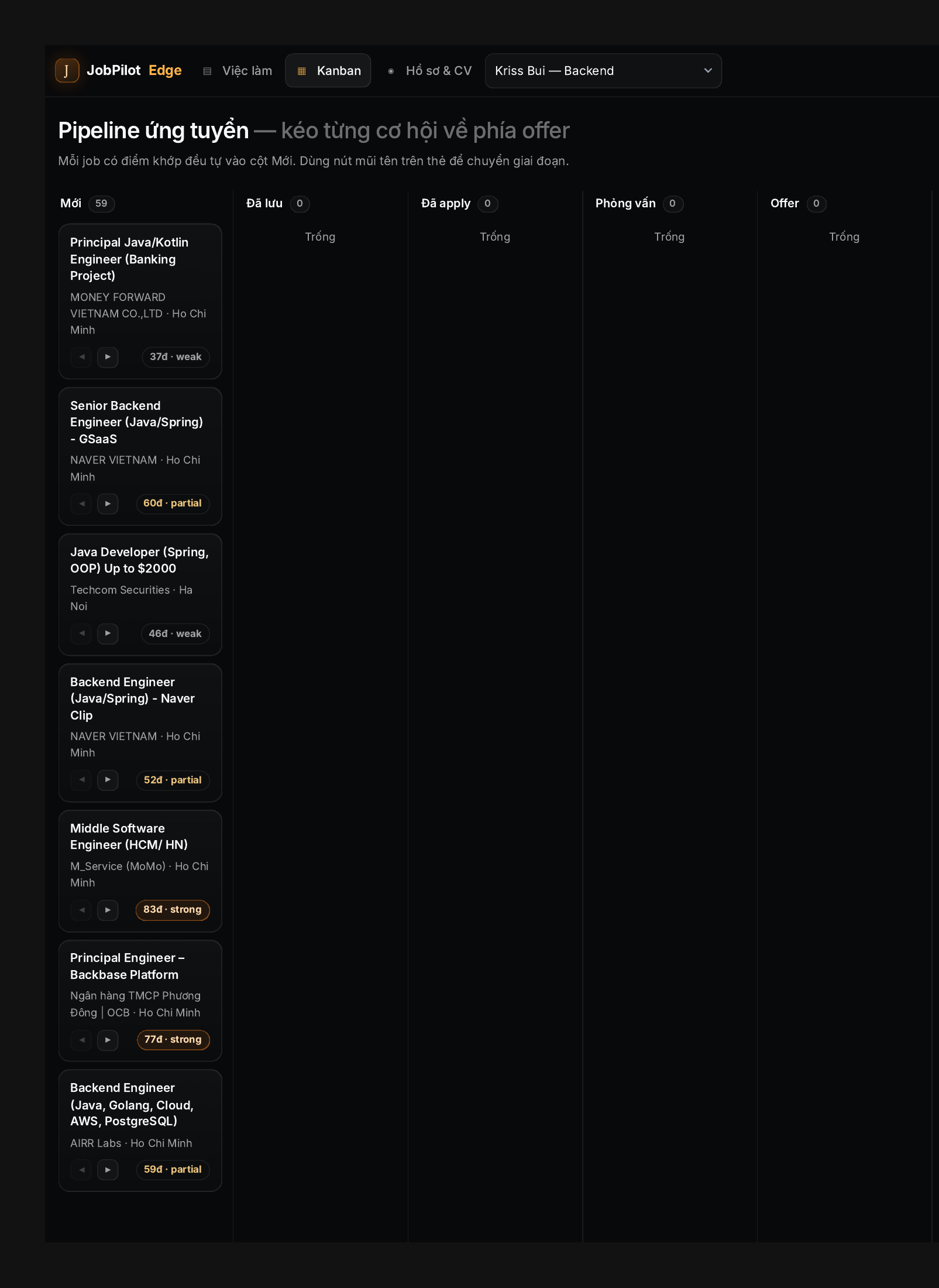 Kanban pipeline ứng tuyển